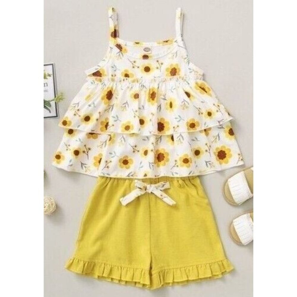 NWT Toddler Girls Floral Daisy Yellow Layered Cami Top Short Set